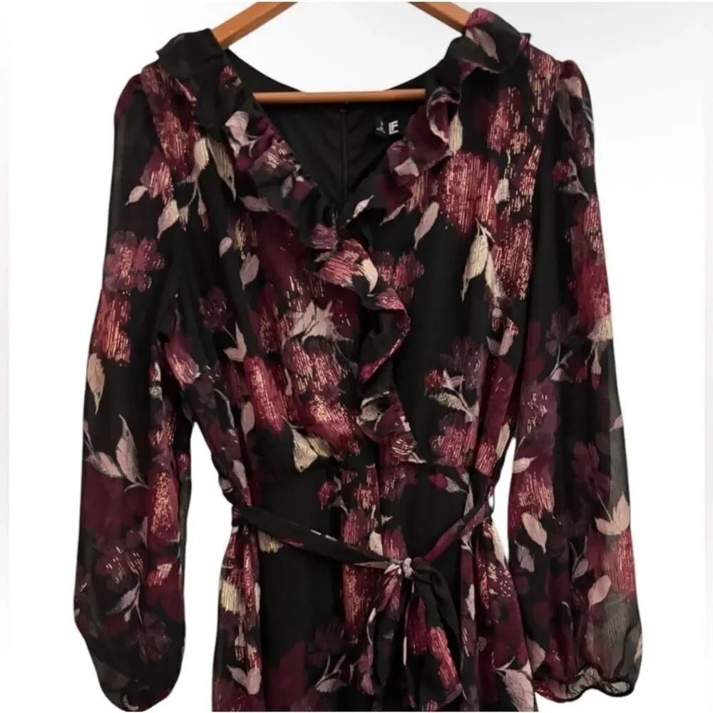 Leslie Fay Floral Ruffle Midi Dress Romantic Sheer Sleeve Wedding Guest Dress 14 - Picture 3 of 8